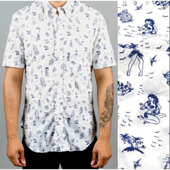 SOLD Gitman Bros Vintage L GOOD LUCK Short Sleeve Button Down HULA Shirt White - Picture 1 of 11